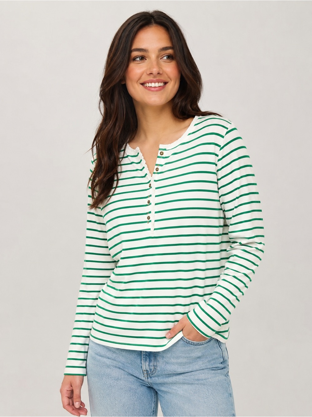 J.Crew Green White Striped Ruffle Trim Cotton Henley Top Size Small NWT